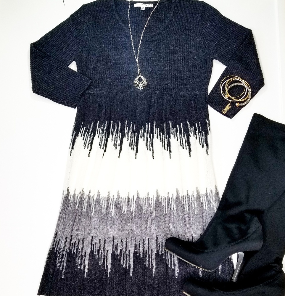Black gray cream pleated sweater dress